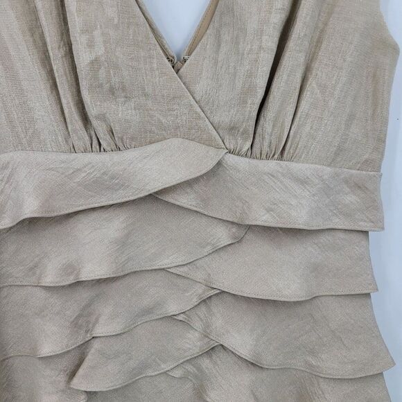 Dressbarn  Womens Gold Shimmer Tiered Ruffle V-Neck‎ Dress Sz 4 Formal Cocktail - Picture 6 of 10